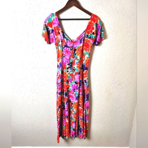 Vintage Jams World Hawaiian Front Tie Midi Short Sleeve Dress Size 7 - Picture 2 of 7